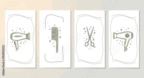 Hairdressing Tools, Hair Dryer, Comb, Scissors, Beauty Salon Icons, Minimalist Design