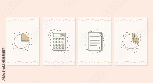 Business Data Analysis Icons: Pie Chart, Calculator, Document, Report