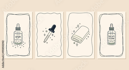 Skincare routine illustration: serum, dropper, towel, and spa elements
