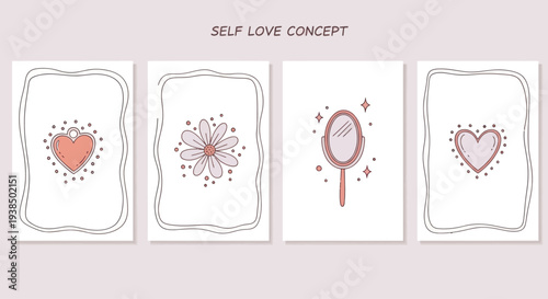 Self Love Concept: Hearts, Mirror, Daisy. Boho Aesthetic.