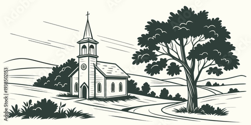 A serene church nestled amidst tall trees in a peaceful countryside setting. Vector
