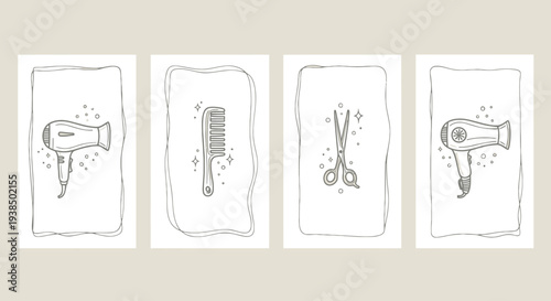 Hairdresser Tools Set: Dryer, Comb, Scissors - Line Art Illustration