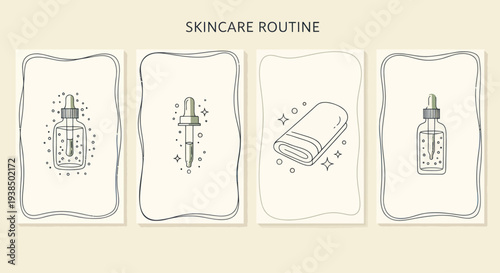 Minimalist Skincare Routine Icons: Serum, Dropper, Towel, Cleanliness