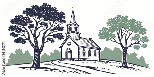 A serene scene of a white house surrounded by lush green trees and bushes Vector