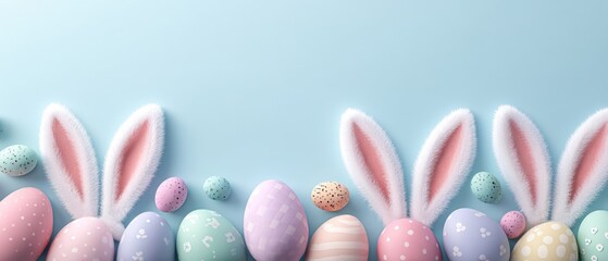 Pastel Easter eggs and fluffy bunny ears border on a light blue background with copy space for spring holiday design,