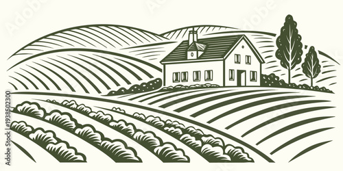 A serene countryside landscape with a farmhouse and rolling hills Vector