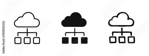 Cloud computing and data storage network icon set, distributed system architecture symbol with multiple styles.