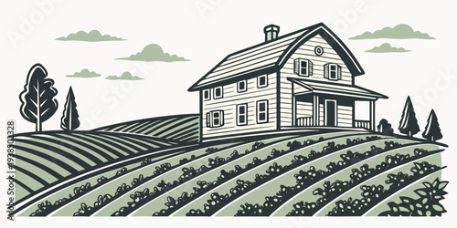 A charming countryside house nestled amidst lush green fields and rolling hills Vector