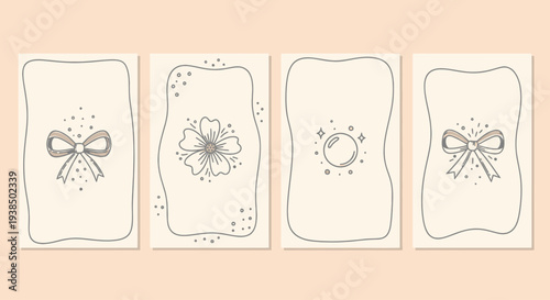 Hand-drawn illustration templates with bows, flower, and crystal ball