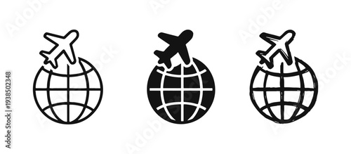 Global travel and international transport icon set, worldwide aviation and shipping symbol with multiple styles.