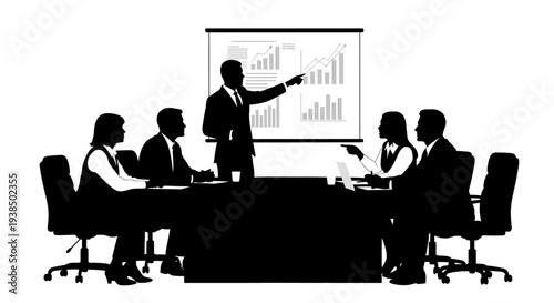 Business meeting silhouette: presenter points to growth chart on screen, team listens