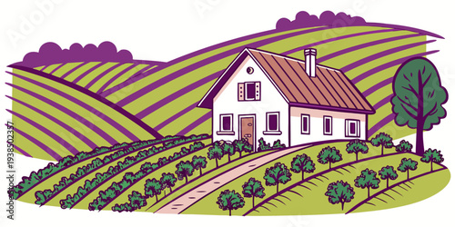 A picturesque countryside scene with a charming farmhouse and rolling vineyards Vector