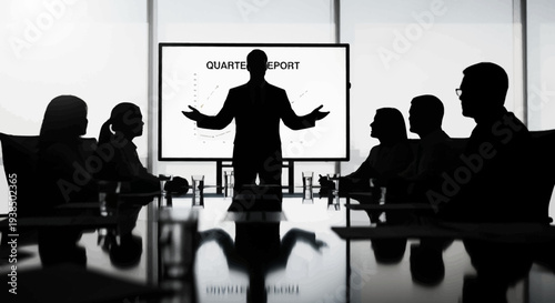 Business meeting silhouette: presenter with quarterly report on screen, audience in conference room