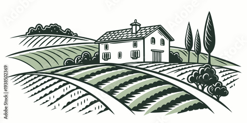 A picturesque countryside scene with a charming house and sprawling vineyards Vector