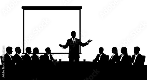 Business Meeting Silhouette: Speaker Addressing Audience at Conference Table with Projector Screen