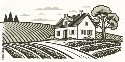 A picturesque countryside landscape with a farmhouse and rolling hills Vector