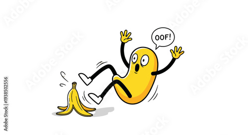 A cartoon banana character slipping on a banana peel with a shocked expression.