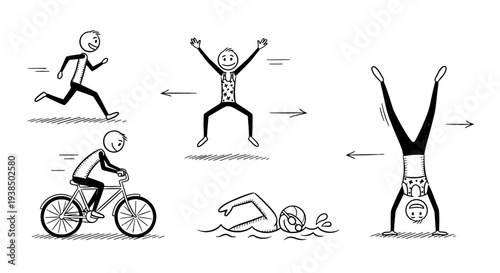 Various sports activities depicted in simple stick figure illustrations.
