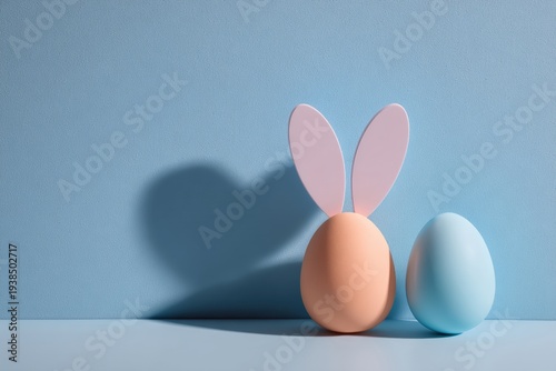 Pastel Easter eggs with pink bunny ears casting a heart-shaped shadow on a blue background,