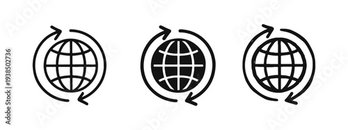 Global refresh and worldwide update icon set, international cycle and process symbol with multiple styles.