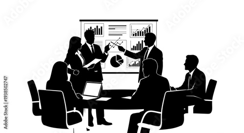 Business Meeting Silhouette: Team Discussing Strategy with Presentation Board