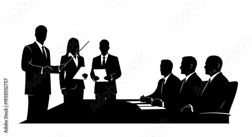 Business Meeting Silhouette: Team Presenting Ideas in Boardroom