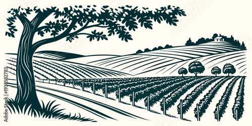 A serene landscape of a tree standing tall over a vast field of crops Vector