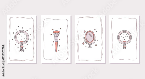 Cosmetic Tools and Mirror Icons: Makeup Brush, Magnifying Glass, Hand Mirror, Beauty Set