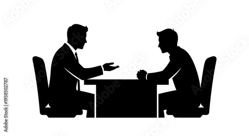 Business meeting silhouette: two men in suits discussing at a table, interview, negotiation