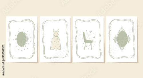 Charming Hand-Drawn Aesthetic Cards: Dress, Mirror, Chair, Frame