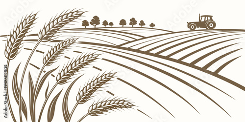 A group of people harvesting crops in a field with a horse-drawn cart. Vector