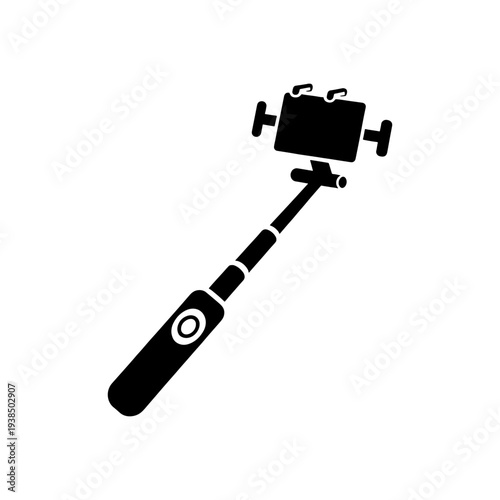 A sleek black selfie stick with a smartphone attached depicted as a silhouette