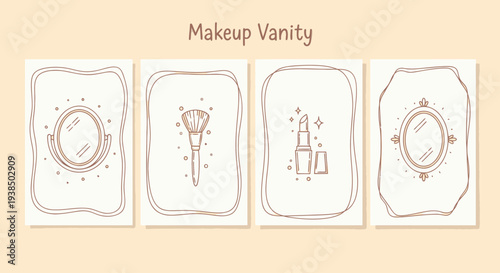 Charming Makeup Vanity Icons: Mirror, Brush, Lipstick & Vanity Set - Hand-Drawn Style