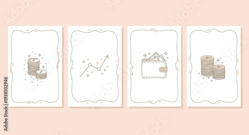 Financial Growth and Savings Icons: Coins, Wallet, and Upward Trend Line