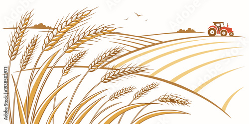 A vast wheat field under a clear blue sky with a small bird in the distance. Vector