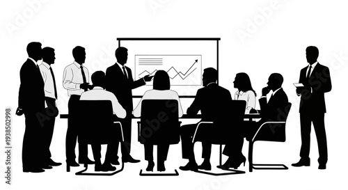Business Meeting Silhouettes: Team Collaboration and Presentation in Office