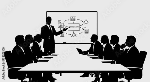 Business Meeting: Team Collaboration and Strategy Presentation at Boardroom Table