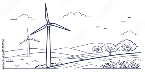Wind turbines generating clean energy in a rural landscape with birds flying in the sky Vector