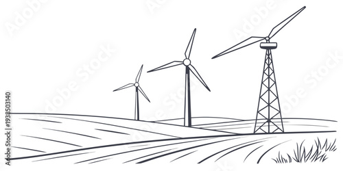 Wind turbines and a radio tower standing on a hill under a cloudy sky. Vector
