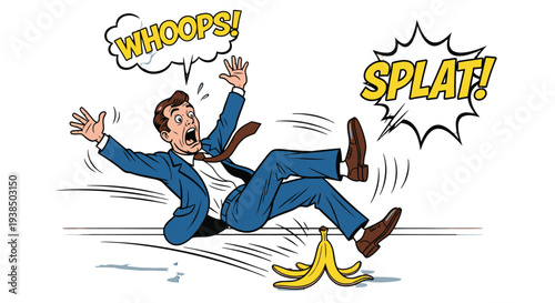 Man slipping on a banana peel cartoon illustration.