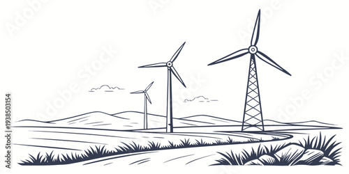 Three wind turbines standing tall on a hillside with a bird flying in the background Vector