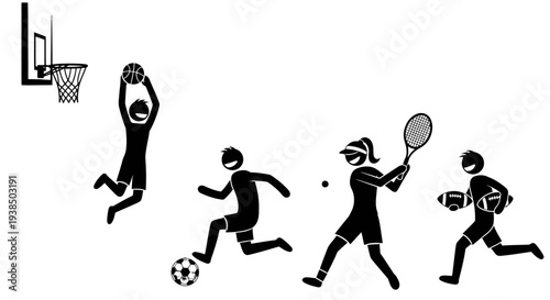 Silhouette illustration of people playing different sports together.