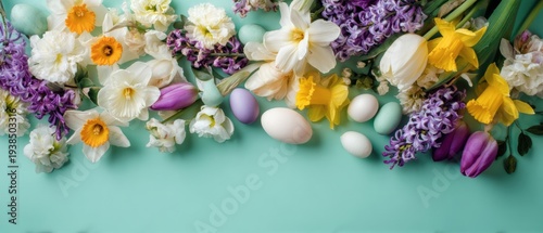 Colorful spring flowers and pastel Easter eggs arranged in a border on a turquoise background,