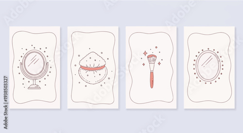 Cosmetic mirror, powder puff, and makeup brush minimalist illustrations on pastel background