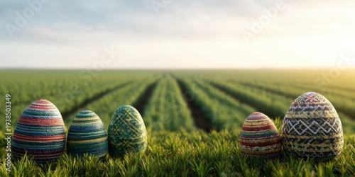 Colorful patterned Easter eggs arranged in green grass with a blurred crop field and warm sunrise in the background,