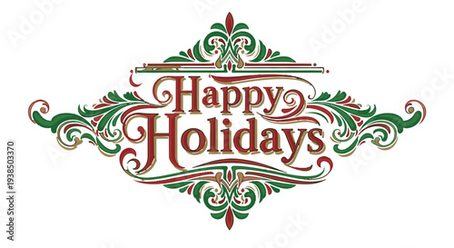 Happy Holidays festive greeting card design with red and green ornaments.