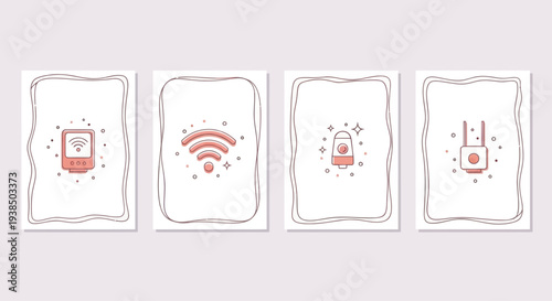 Wireless Technology Icons: Wi-Fi, Router, Signal Booster, Security