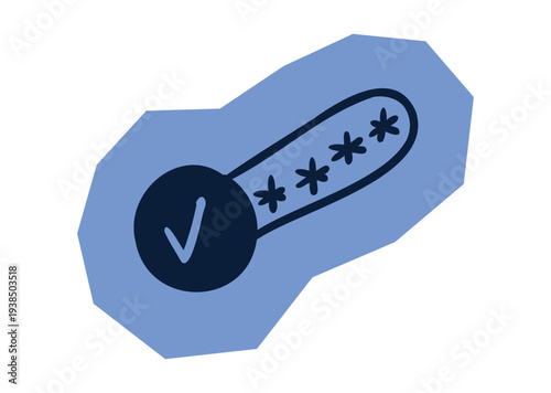 Hand drawn password field with checkmark icon on blue abstract shape for scrapbook and journal. Vector illustration design.