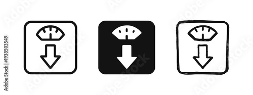 Weight scale with down arrow icon set. Weight loss, diet, and health decrease symbol.