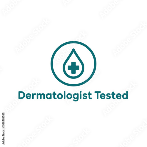 A teal dermatologist tested symbol featuring a water droplet with a plus sign